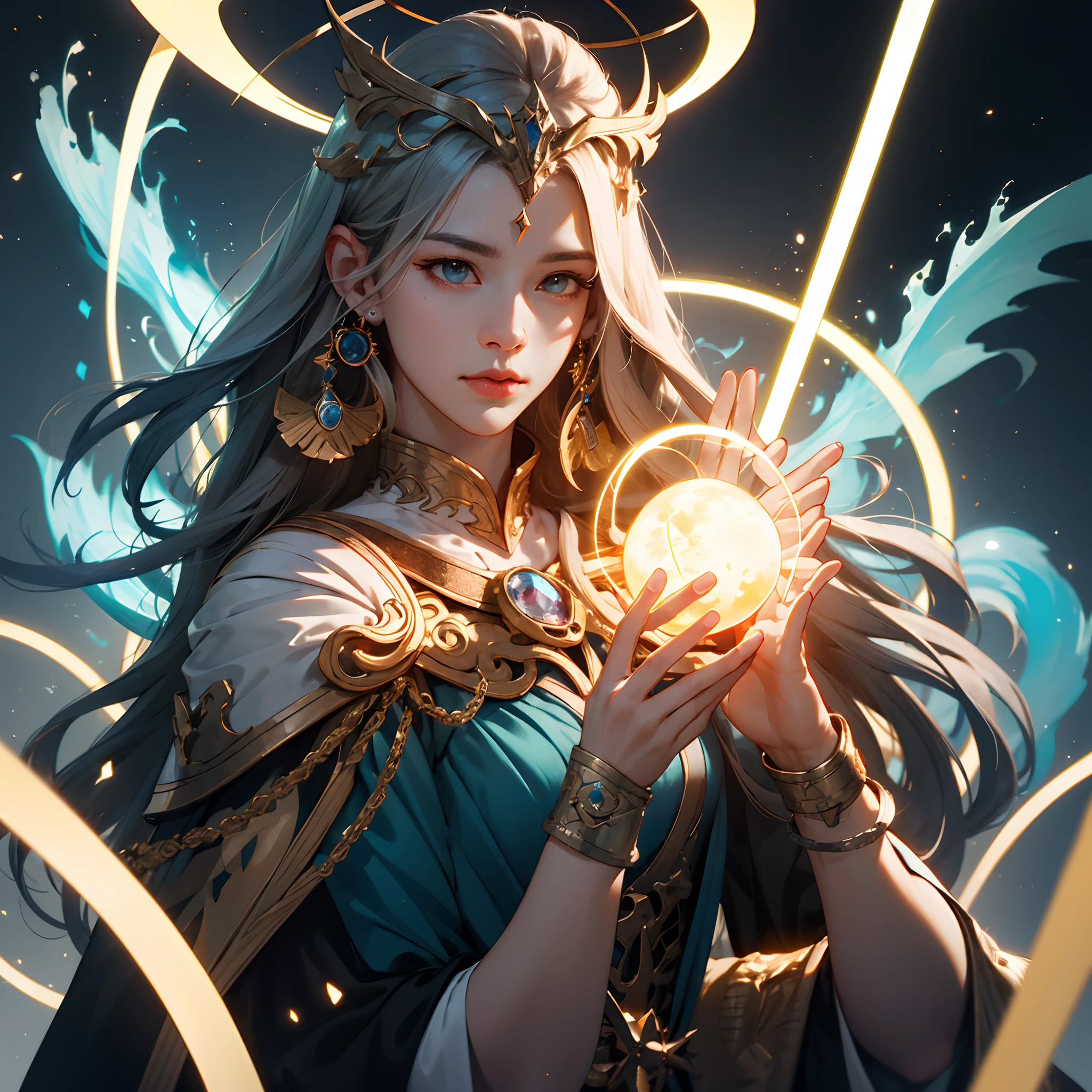 goddess, charging up elemental energy sphere with both hands, showing skills, elden ring, halo, masterpiece, best quality, realistic, fujifilm gfx 100, UHD