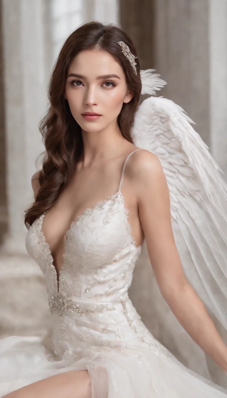 (professional 3d render:1.3) af (Realistic:1.3) most beautiful artwork photo in the world,tmasterpiece,best qualtiy,Private room photos,Star Girl,wedding photo,Full body photo of the front,No chest baring,big breasts,No shoulders,No navel,show legs,black lence stockings,White heels,Horsetail hair,Black color hair,Seductive expressions,White wedding dress,Lace craftsmanship,Dignified temperament,still face,Full body photo,Private photos,Angel wings,Angel face,necklace gold,White jade bracelet,Silver-toned stud earrings,White cape, nude, boob