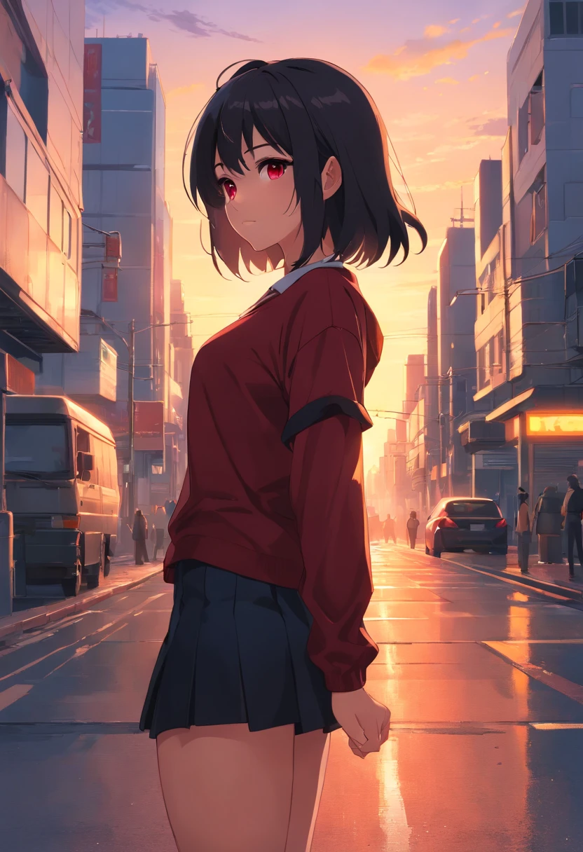 Girl looking back smirking, black hair, dark red eyes,  black shirt, black mini skirt, standing, looking back at the viewer, sun setting, sun setting sky, evening sky, busy road, high quality eyes, highly detailed eyes