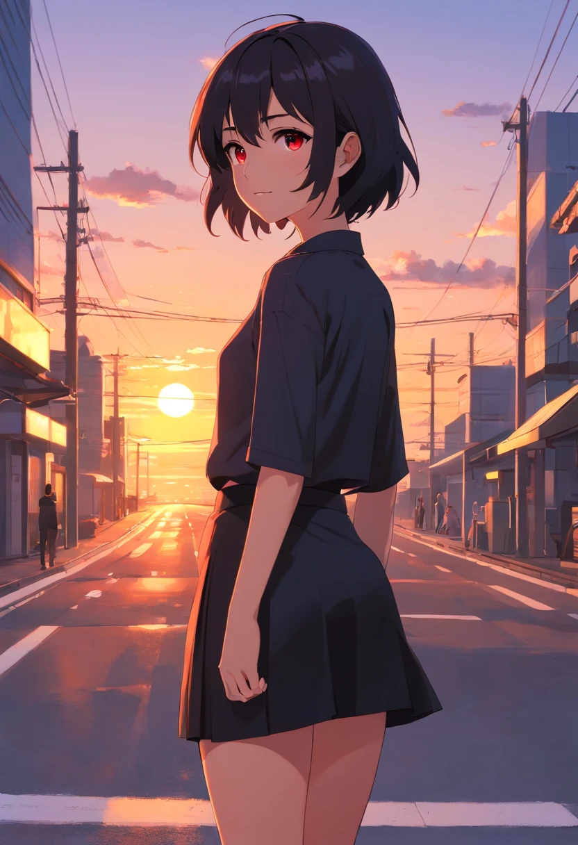 Girl looking back smirking, black hair, dark red eyes,  black shirt, black mini skirt, standing, looking back at the viewer, sun setting, sun setting sky, evening sky, busy road, high quality eyes, highly detailed eyes