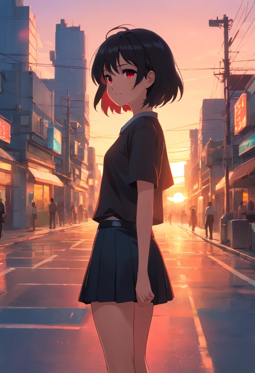 Girl looking back smirking, black hair, dark red eyes,  black shirt, black mini skirt, standing, looking back at the viewer, sun setting, sun setting sky, evening sky, busy road, high quality eyes, highly detailed eyes