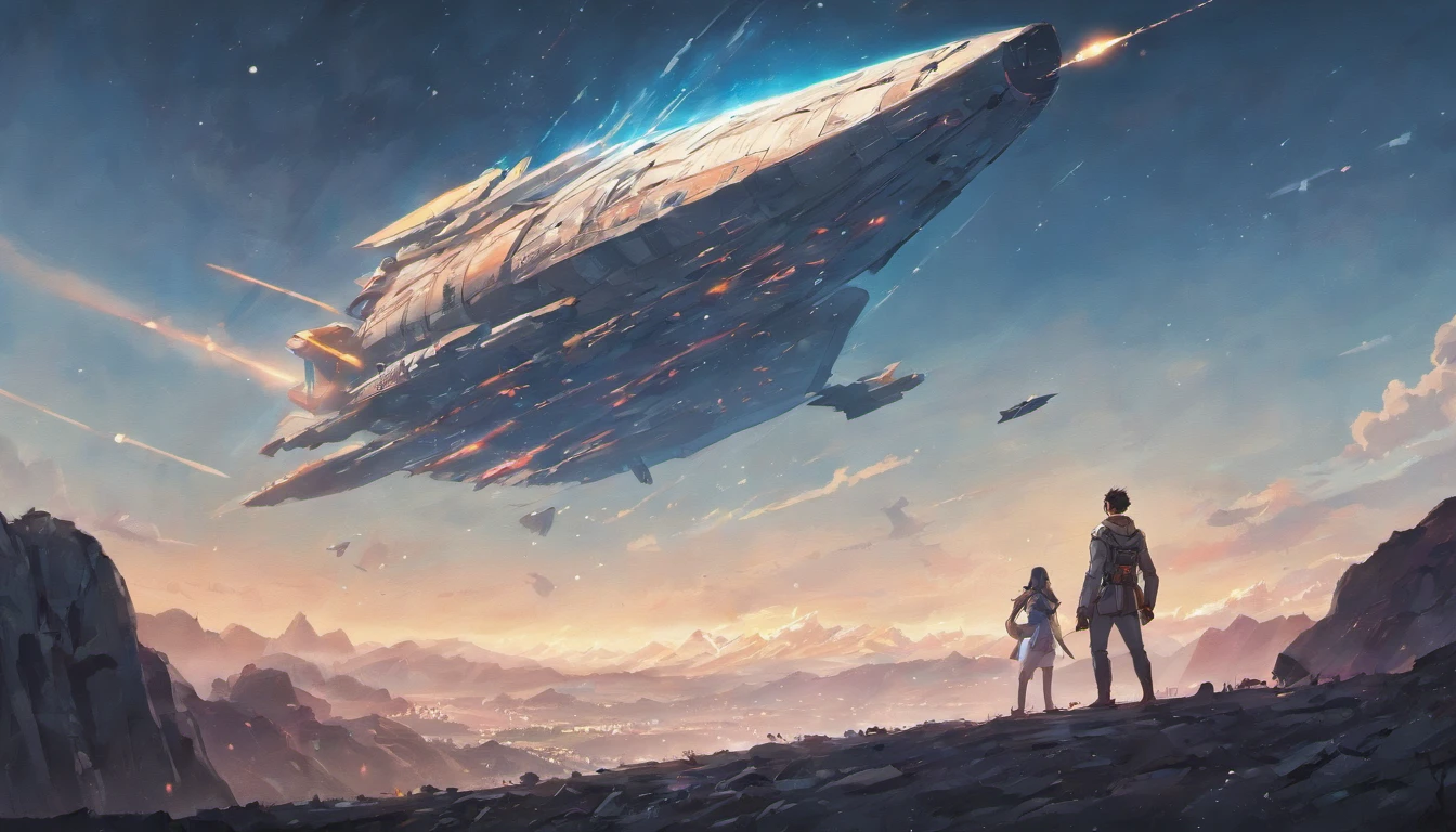 Drawing of a man standing on a rock and a spaceship flying over rocky ground, Inspirado em Sparth, Epic spaceship scene, estilo sparth, The spacecraft flies too far, star citizen digital art, sci - fi illustrations, sci-fi illustration, arte sci-fi detalhada, In the sky, spaceship, Spaceship in cloudy sky