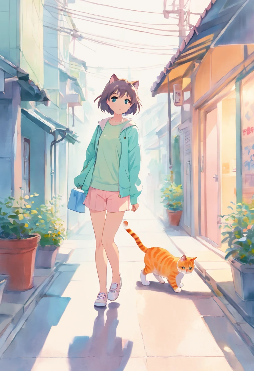 cat, fullbody,1 girl,
(pastel color:1.5),(cute illustration:1.5),(watercolor:1.2),white back ground,