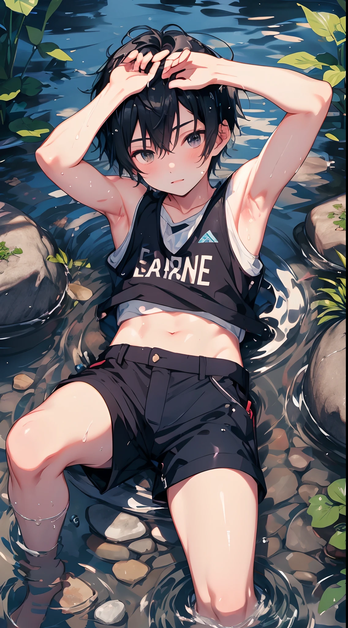 10-year-old boy,(showing armpit:1.3), shirrless, sitting in water,Stones and water splashed on him, vests,shorter pants,small stream,Sideslit,Shinkai sincerely,Pisif,best qualtiy,8K, 4k, uhd