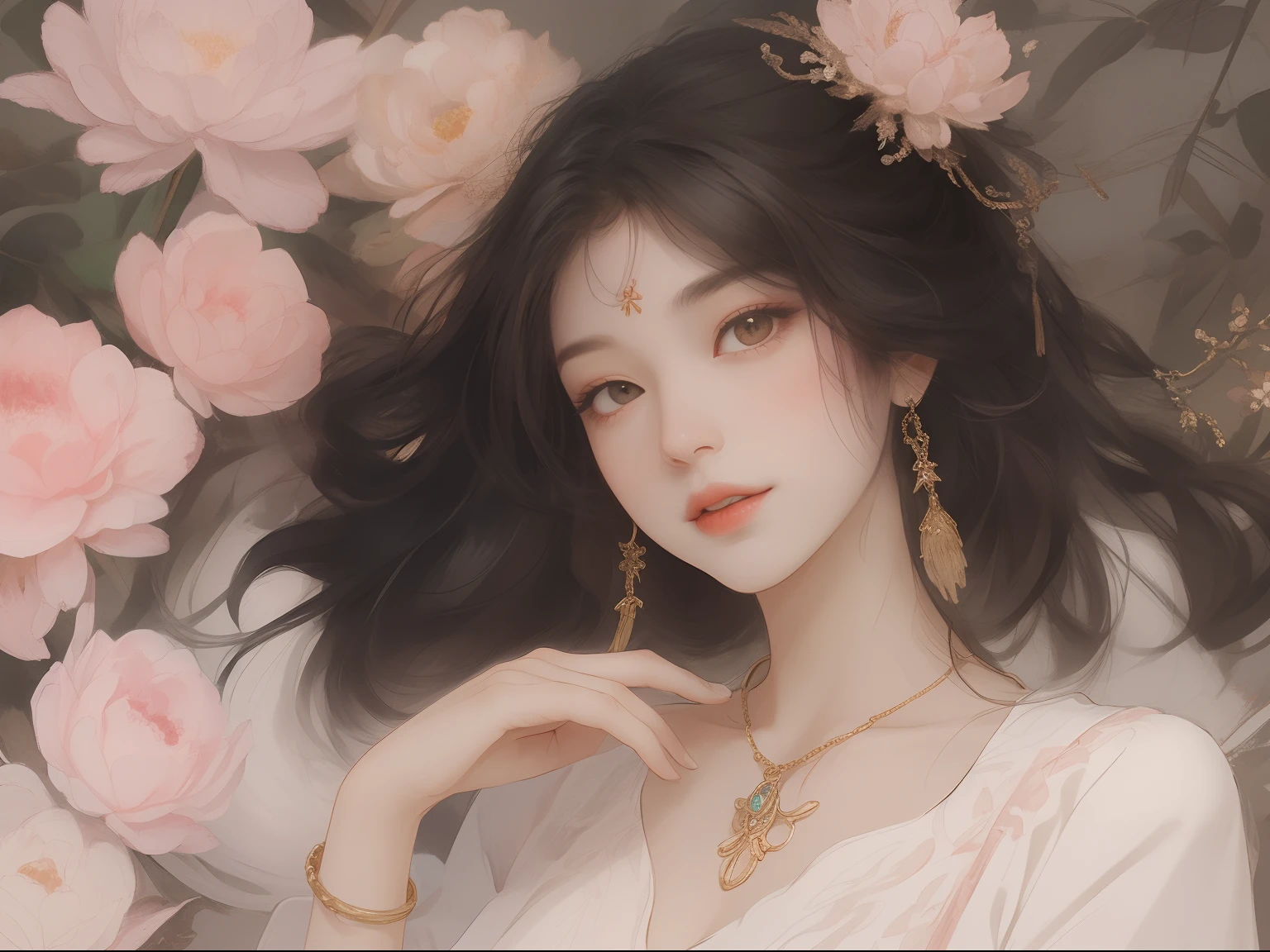 Best quality、tmasterpiece、A high resolution、1 flat-chested girl、White porcelain soft satin dress、white dresses，long white robe，Delicate hair accessories、Fine Necklace、detailed jewellery、pretty  face、Physically、Flat and thin body，smallunderboob，Tyndall effect、realisticlying、Surrounded by white flowers、White flowers，edge lit、Surrounded by white flowers、bicolor lighting、（highdetailskin：1.2）、8K, Ultra HD、Digital SLR、softlighting、high high quality、volumettic light、sneak shot、photore、A high resolution、4K、8K、The background is blurred out，