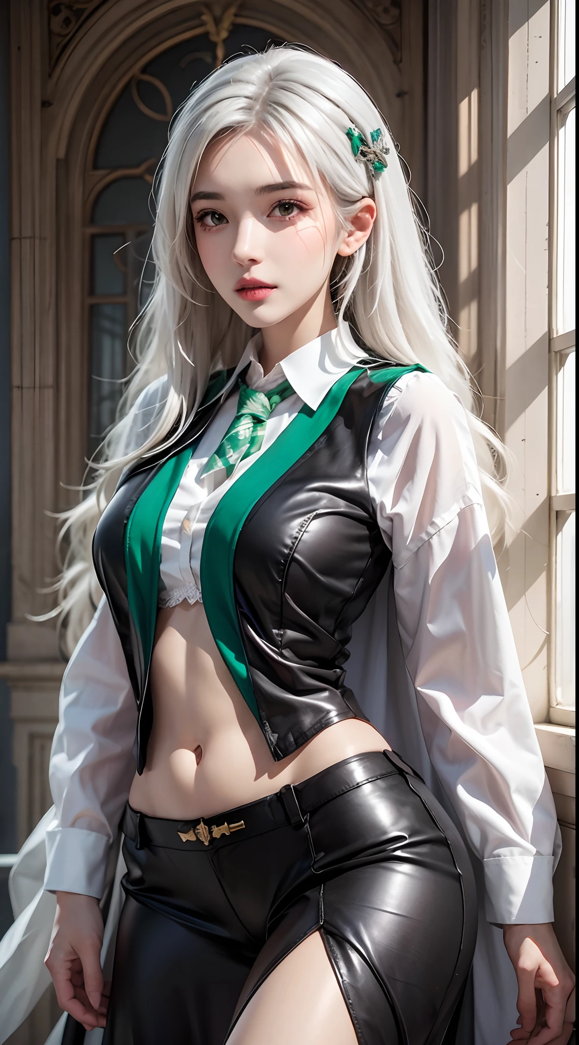 photorealistic, high resolution, 1women, mature female, solo, hips up, look at viewer, (detailed face), Hogwarts uniform, hogsks, slytherin