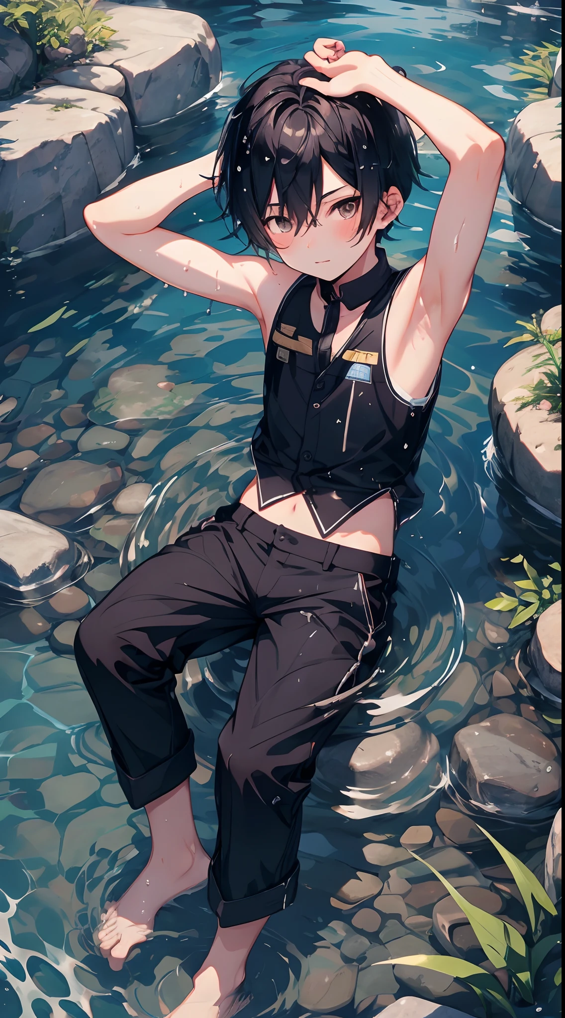10-year-old boy,(showing armpit:1.3), shirrless, sitting in water,Stones and water splashed on him, vests,shorter pants,small stream,Sideslit,Shinkai sincerely,Pisif,best qualtiy,8K, 4k, uhd