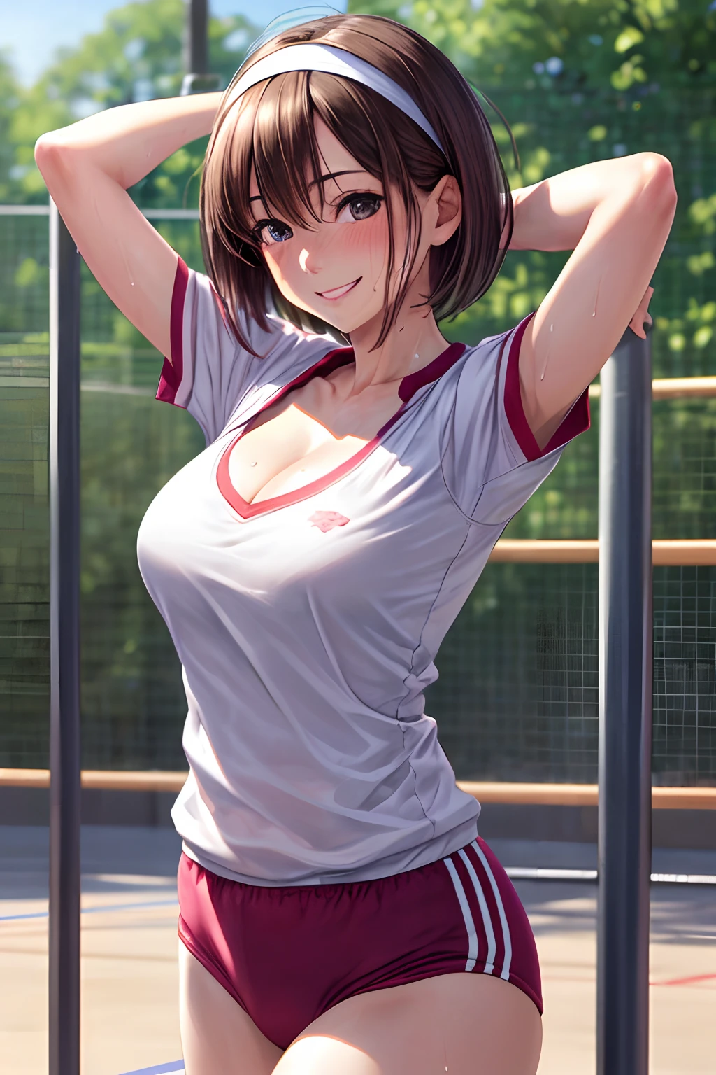 table top, highest quality, Super detailed, realistic, High resolution, 8K, 1 girl, alone, cleavage, short hair, school gym clothes, School Gymnasium Bloomers, head band, , Happy, smile, sweating, School playground, arched back, arm behind head