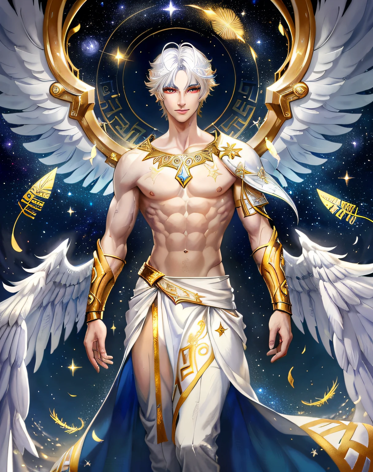 extremely detailed, hyper detailed, (PERFECT FACE), ((detailed eyes)) illustration, low lighting, 2d, intricate, detailed eyes, sexy, toned, (outside), Surrounded by white and silver and gold nebulae, stars, sidereal winds and planets. ((extremely realistic shadows, masterpiece, extremely detailed, photorealistic)). Male god, a handsome man with large wings growing from his back, is the god of the personification of luminosity and brilliance, the upper sky and light.
((1 20-year-old man) (20 years old) White hair, red eyes, Height 2 meters tall, optimal height, very tight clothing, Body full of muscles; muscular pectorals, ripped ABS, V-shaped body, narrow waist, long legs, Strong arms manly, beautiful face, Attractive guy with a cool and calm face with a cold smile, Topless. ((Greek tunic)) Wings. White and gold feathers. Luminescence on his wings.