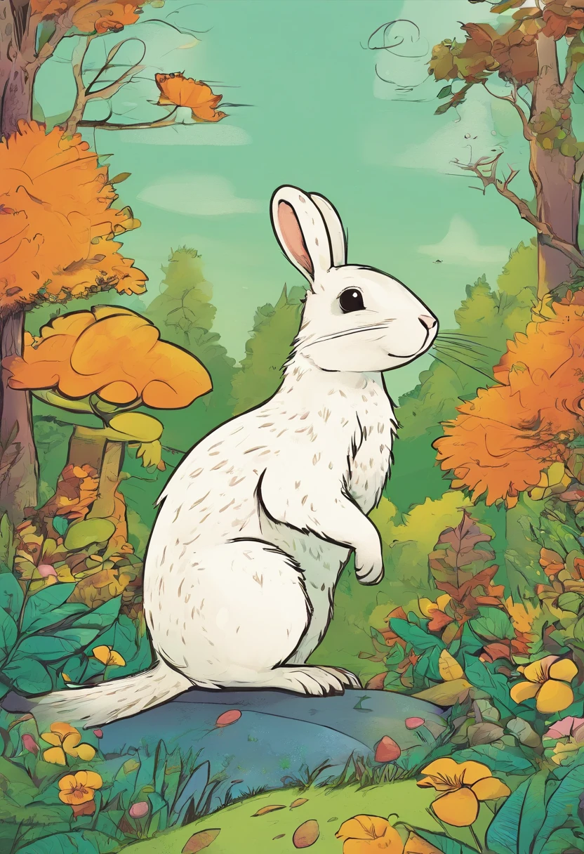 estilo infantil, livro infantil, um coelho, uma raposa, um esquilo e uma coruja, em uma floresta, bonita, alegre, divertida