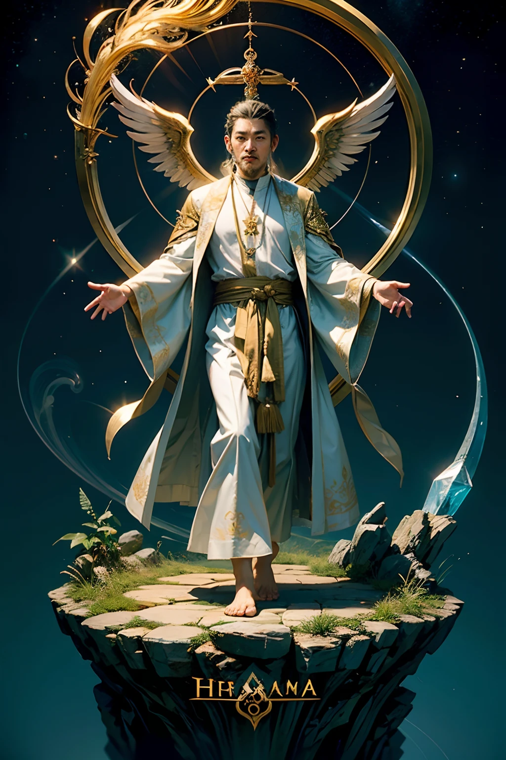 A man who is a sacred holy shaman, priest, guru, spiritual man with a halo and aura, asian man, dressed in flowing robes, summoning spiritual forces with a crystal, background is rolling hills, mood is graceful, calm, peaceful, daytime light, character design