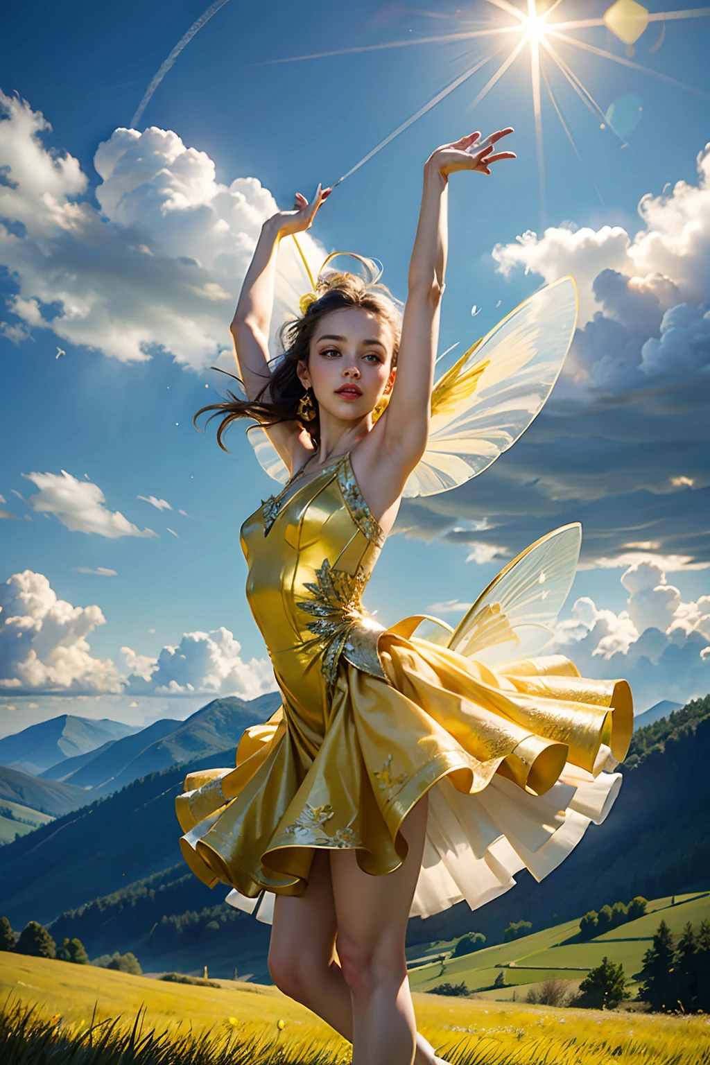 A woman who is a ballet dancer, wearing a yellow pleated dress and fairy wings, sprinkling fairy dust, background is an open field with clear skies and clouds, mood is enthusiasm, radiation, liberation, daytime light, character design