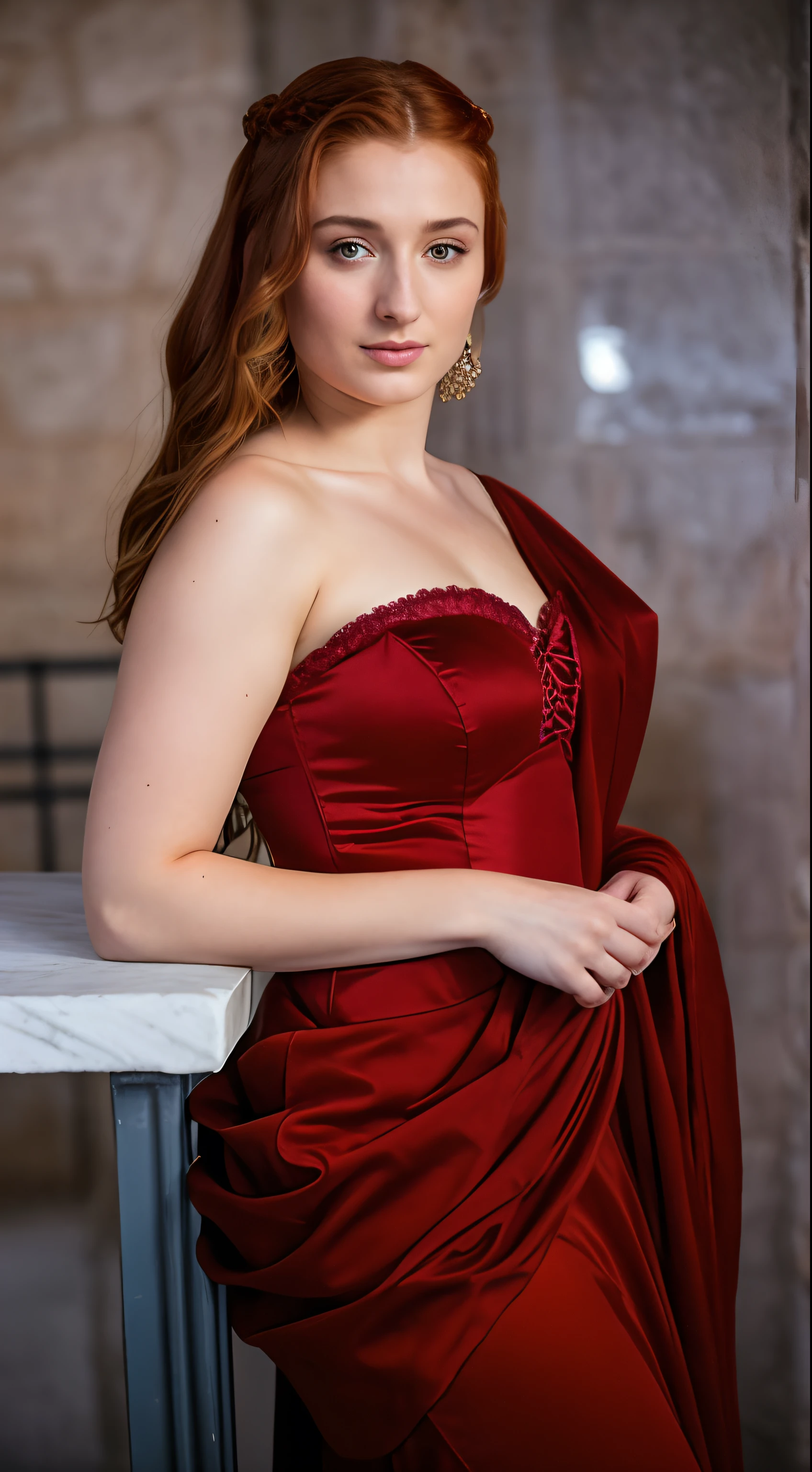 Foto RAW, Sansa Stark, Extremely gorgeous lady, Sansa Stark PLAYED BY Sophie Turner, Queen Sansa Stark, she is a mature woman now, milf, sexy mediaeval battle dress, gladiator woman, body, 45 years old Woman, body revealing costumes, perky breast, alluring figure, big natural breast, mediaeval costumes, mediaeval queen dress, erotic costumes, lusty physique, seductive figure can capture every people's attention, Game of thrones costumes, revealing captivating figure, Mediaeval costumes, revealing clothes, A tomboy, she would rather fence than dance, warrior queen , game of thrones screen caps, Game of Thrones Series, (pele altamente detalhada: 1.2), 8k UHD, DSLR, soft-lighting, alta qualidade, grain of film, Fujifilm XT3