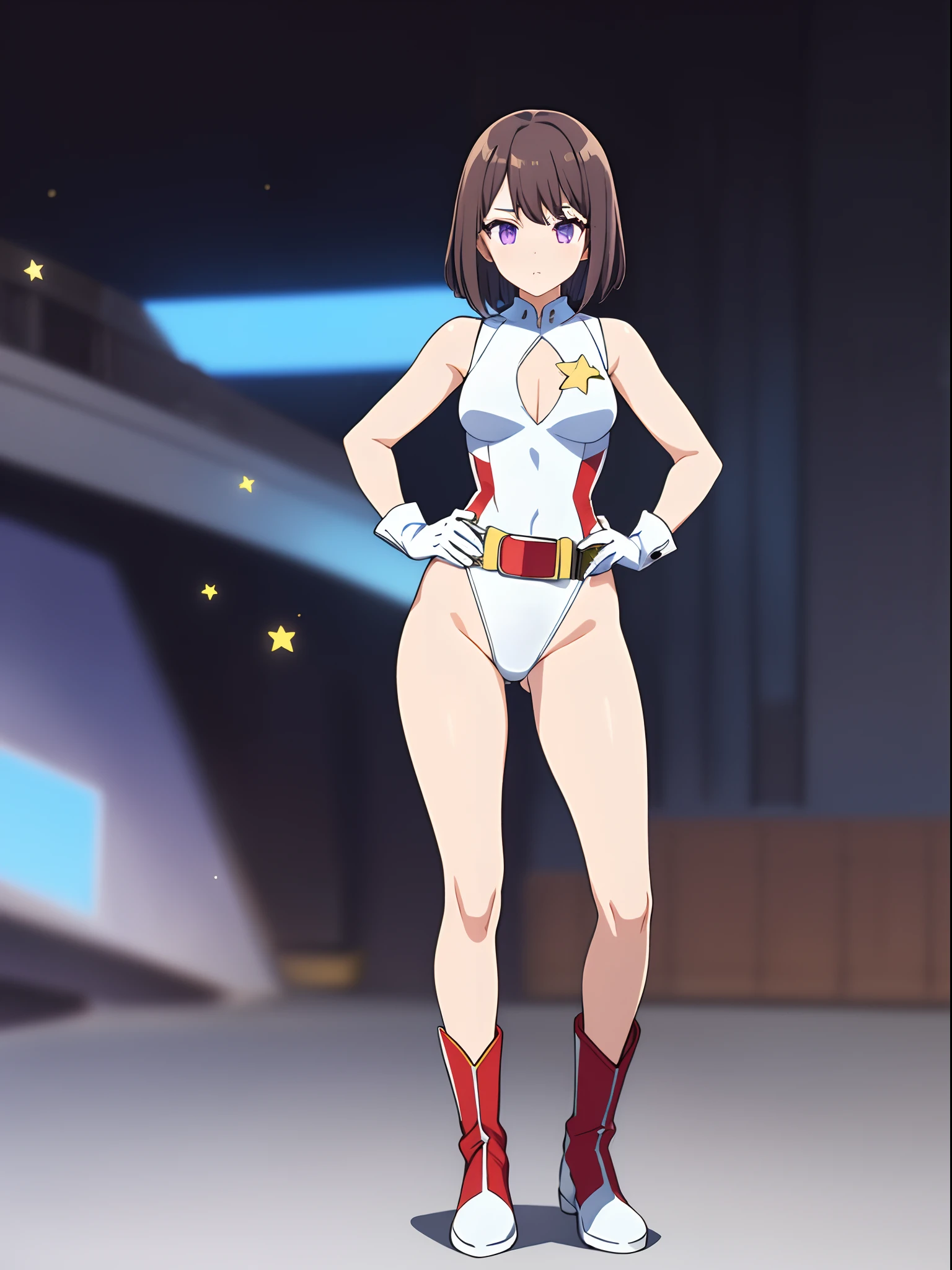 1girl, solo, bob hair, brown hair, purple eyes, (full body), standing, perfect hands, hires, fine details, hands on hip, (sleeveless blue, white and red leotard with yellow accents and star emblem embedded in chest area), matching white gloves, bare legs, superhero, tokyo city backdrop, matching boots, medium breasts, 20 age, belt