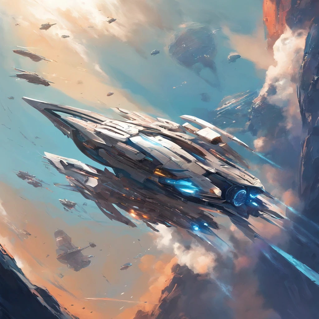 a uma nave espacial voando sobre solo rochoso, Inspirado em Sparth, Epic spaceship scene, Estilo Sparth, The spacecraft flies too far, star citizen digital art, sci - fi illustrations, sci-fi illustration, arte sci-fi detalhada, in sky, spaceship, Spaceship in cloudy sky