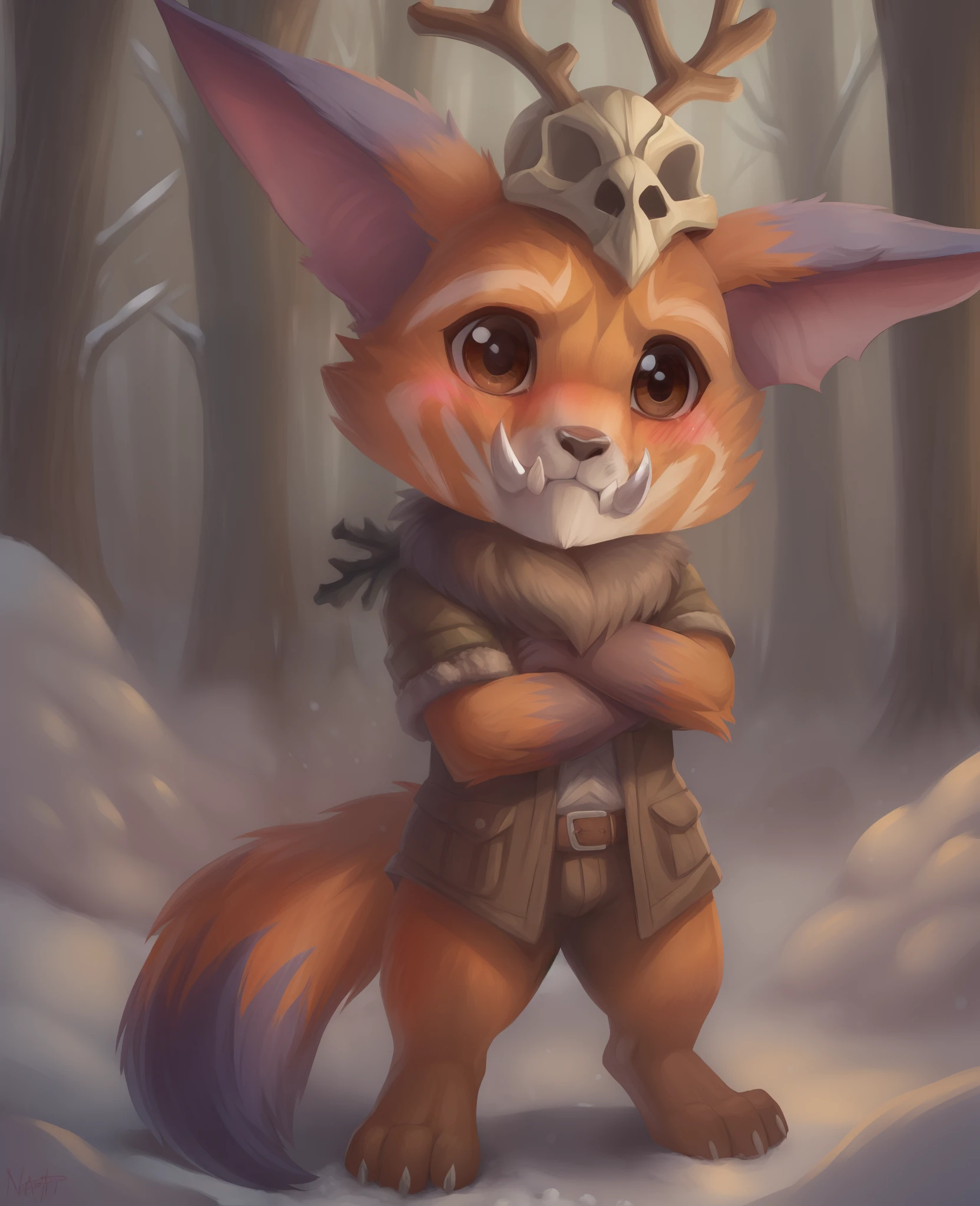 (male, Nakotak, yordle, head tuft, tusks, brown eyes, neck tuft, Gnar, anthro, detailed eyes, Short, blush, skull:1.9) BREAK
(forest, winter:1.5) BREAK
(high resolution, masterpiece:1.4) BREAK
(Standing, looking at viewer, smile, embarrassed:1.5) BREAK