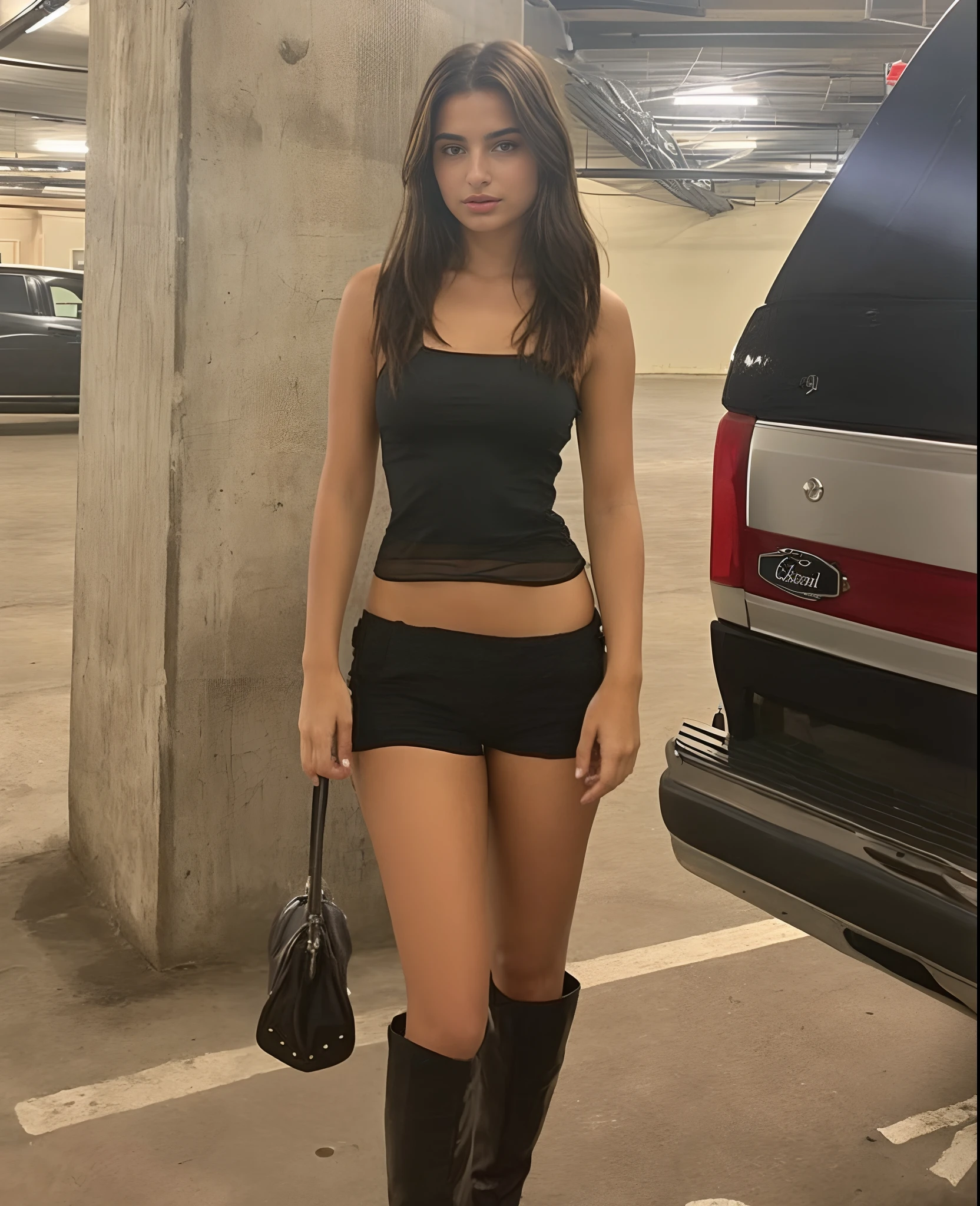 Araffe Adolescente de ((  )) em um top preto e shorts pretos andando em uma garagem, usando camisola e botas, she is wearing a black tank top, Pouco quente, roupa muito sexy, roupa sexy, roupa preta, Dua Lipa, usando uma regata preta cropped, Emily Ratajkowski, usando uma regata cropped preta, roupa apertada     ,    qualidade ultra hd 19k detalhes da pele e seus poros ultra realista , rosto bem detalhado detalhes dos olhos vividos , fleshy, red lips , ultra detalhado , seiso grandes e redondos , Sharp waist curve guitar style