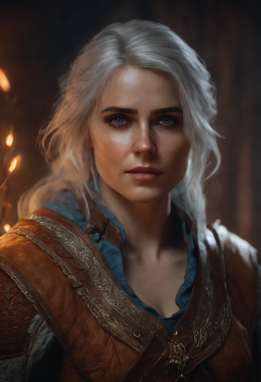 ciri from the witcher 3, midshot, tetradic colors, inkpunk, enlightenment, 4k resolution, intricately detailed, cinematic, detailed symmetric eyes, intricate details, beautiful detailed intricate face, Carne Griffiths and Wadim Kashin, concept art, ominous, approaching perfection, highly detailed, smooth, sharp focus, digital art, perfect composition, Yabadaba, hyperdetailed painting, ISO 200, 100mm, DLSR, dynamic, light studio, vibrant,