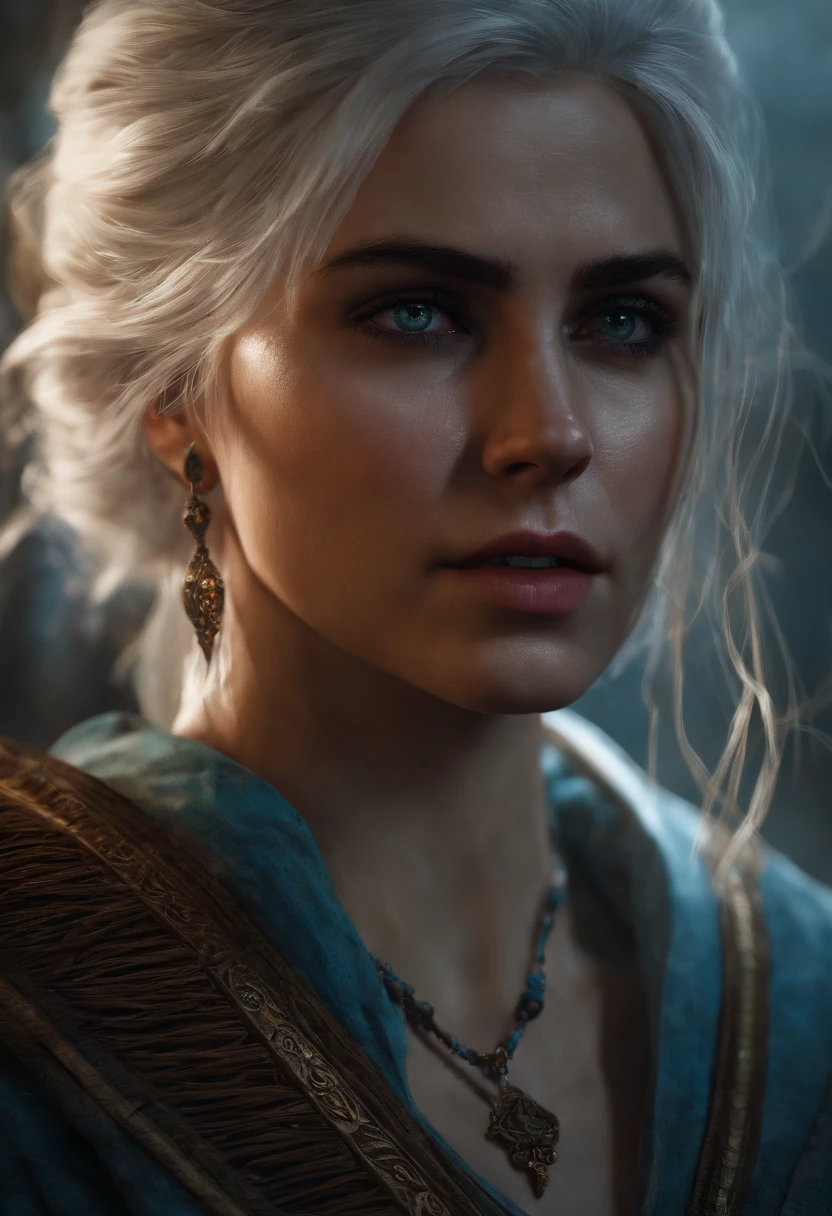 ciri from the witcher 3, midshot, tetradic colors, inkpunk, enlightenment, 4k resolution, intricately detailed, cinematic, detailed symmetric eyes, intricate details, beautiful detailed intricate face, Carne Griffiths and Wadim Kashin, concept art, ominous, approaching perfection, highly detailed, smooth, sharp focus, digital art, perfect composition, Yabadaba, hyperdetailed painting, ISO 200, 100mm, DLSR, dynamic, light studio, vibrant,
