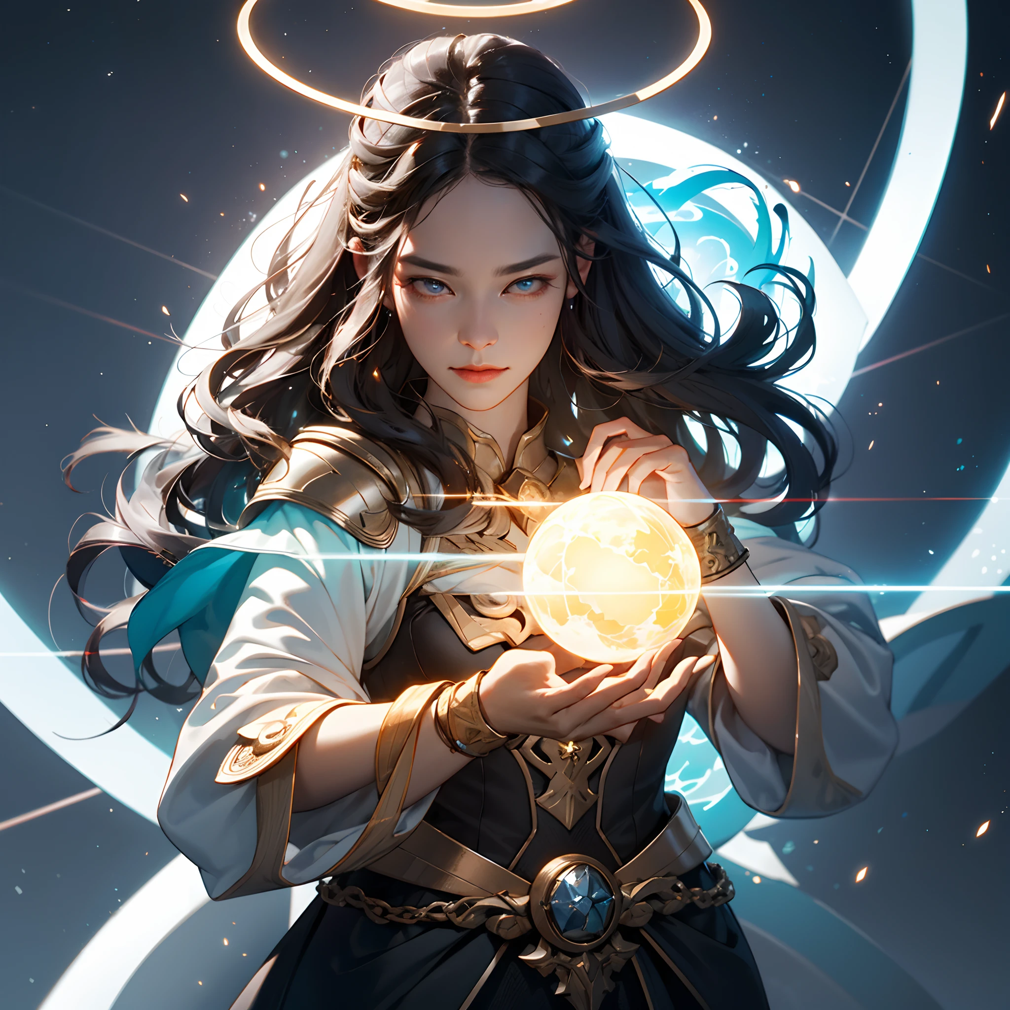 goddess, charging up elemental energy sphere with both hands, showing skills, elden ring, halo, masterpiece, best quality, realistic, fujifilm gfx 100, UHD