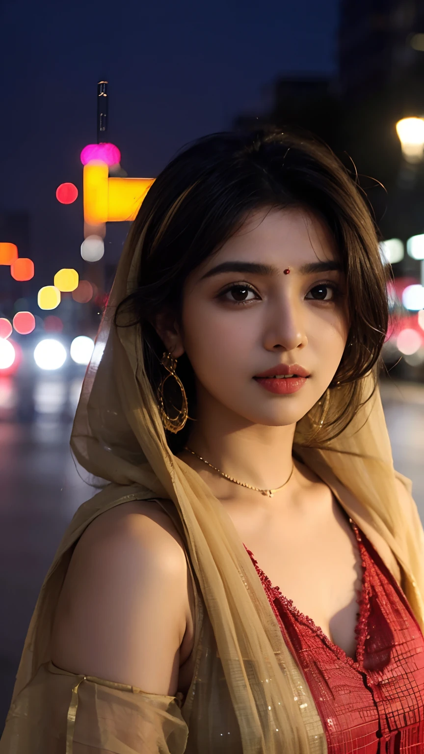 (((desi girl))), her name Abhilasha, chubby face, natural skin, wearing hot deep neck top and dupatta, charming black hair, ((hair ends are blonde)), city streets background, bokeh