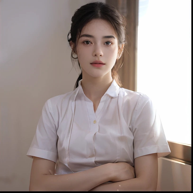 ultra realistic 8k cg, picture-perfect face, flawless, clean, masterpiece, professional artwork, famous artwork, perfect face, beautiful face, beautiful eyes, ((perfect female body)), solo,(immersive atmosphere, chiaroscuro:1.5,bright light:1.2,luminous lighting)
,,(blush:0.5),seductive expression,extremely detailed_eyes,thick thighs,large breasts,
beautifully detailed background,depth of field,realistic:1.3, long shot,1girl,shirt,pleated skirt, school uniform, sitting, full body,
(ambient light:1.3),(cinematic composition:1.3),(neon lights:0.1),(HDR:0.1),Accent Lighting, white pantyhose,