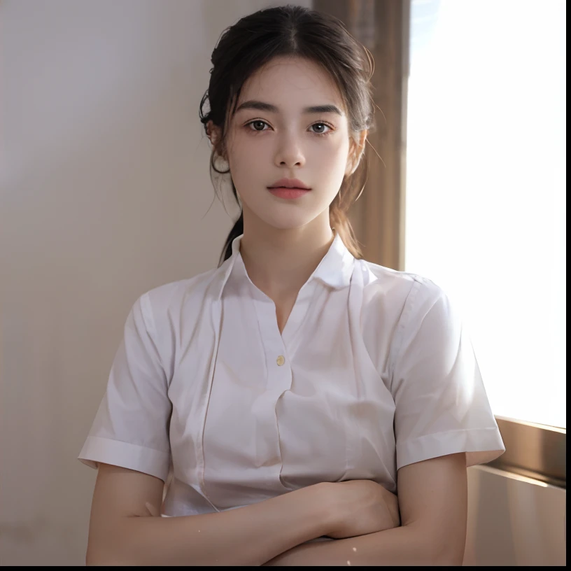 ultra realistic 8k cg, picture-perfect face, flawless, clean, masterpiece, professional artwork, famous artwork, perfect face, beautiful face, beautiful eyes, ((perfect female body)), solo,(immersive atmosphere, chiaroscuro:1.5,bright light:1.2,luminous lighting)
,,(blush:0.5),seductive expression,extremely detailed_eyes,thick thighs,large breasts,
beautifully detailed background,depth of field,realistic:1.3, long shot,1girl,shirt,pleated skirt, school uniform, sitting, full body, 
(ambient light:1.3),(cinematic composition:1.3),(neon lights:0.1),(HDR:0.1),Accent Lighting, white pantyhose,