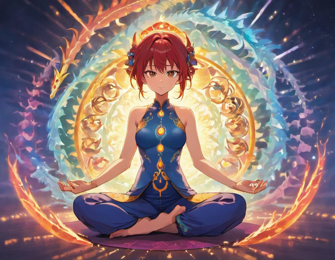 Yoga poses with dragons around, 7 Chakras do Universo