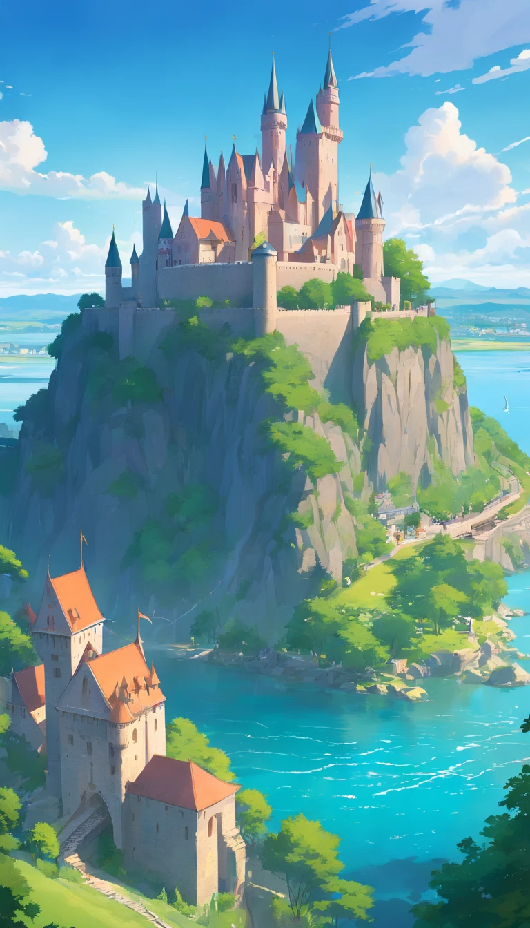 There is a painting of a castle on a hill overlooking a river, Cidade Capital da Fantasia, cidade medieval, Flintlock Fantasy Capital Cidade, uma cidade medieval, Cidade da fantasia de Medeival, Fundo medieval da cidade, Paisagem urbana de fantasia, 2. 5 d cgi anime fantasia arte, paisagem medieval da cidade, renaissance port city background, epic castle with tall spires, realistic fantasy illustration DIFFERENT ANGLES