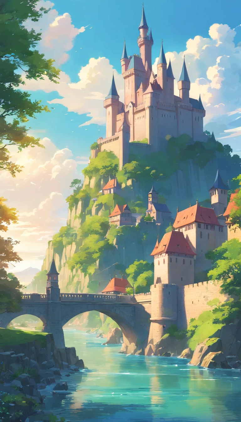 There is a painting of a castle on a hill overlooking a river, Cidade Capital da Fantasia, cidade medieval, Flintlock Fantasy Capital Cidade, uma cidade medieval, Cidade da fantasia de Medeival, Fundo medieval da cidade, Paisagem urbana de fantasia, 2. 5 d cgi anime fantasia arte, paisagem medieval da cidade, renaissance port city background, epic castle with tall spires, realistic fantasy illustration DIFFERENT ANGLES