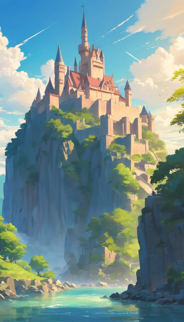 There is a painting of a castle on a hill overlooking a river, Cidade Capital da Fantasia, cidade medieval, Flintlock Fantasy Capital Cidade, uma cidade medieval, Cidade da fantasia de Medeival, Fundo medieval da cidade, Paisagem urbana de fantasia, 2. 5 d cgi anime fantasia arte, paisagem medieval da cidade, renaissance port city background, epic castle with tall spires, realistic fantasy illustration DIFFERENT ANGLES