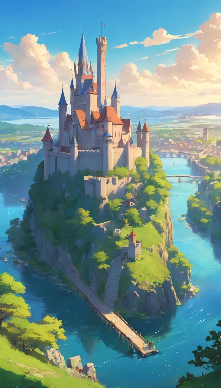 There is a painting of a castle on a hill overlooking a river, Cidade Capital da Fantasia, cidade medieval, Flintlock Fantasy Capital Cidade, uma cidade medieval, Cidade da fantasia de Medeival, Fundo medieval da cidade, Paisagem urbana de fantasia, 2. 5 d cgi anime fantasia arte, paisagem medieval da cidade, renaissance port city background, epic castle with tall spires, realistic fantasy illustration DIFFERENT ANGLES