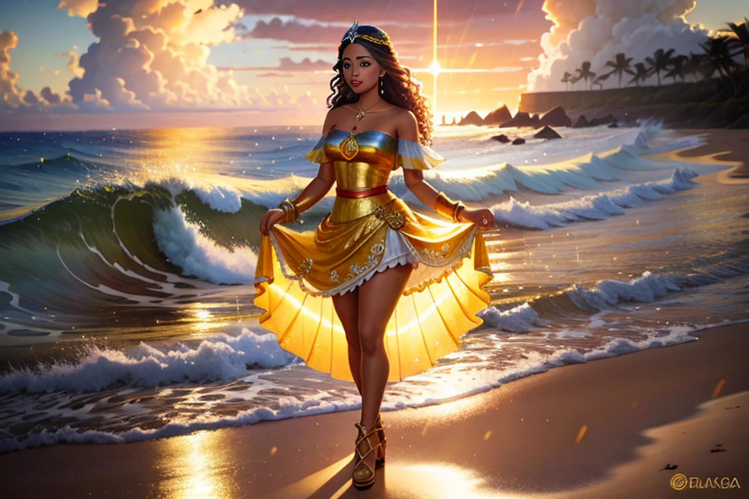 mulher em um vestido amarelo segurando um guarda-chuva amarelo, photoshoot real rainha dos oceanos, fantasy photoshoot, epic 3 d oshun, Deusa do Sol, Retrato de Darna moderno, irradiando luz dourada, como a deusa do sol, luz solar dourada, Hora de Ouro Brilhante, Moana, com panos amarelos, golden morning light, luz solar da hora dourada