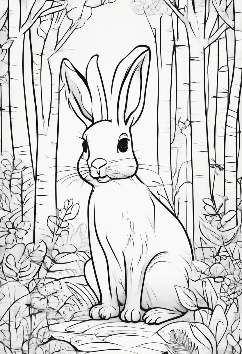 estilo livro infantil, um coelho na floresta, bonito, alegre, divertido