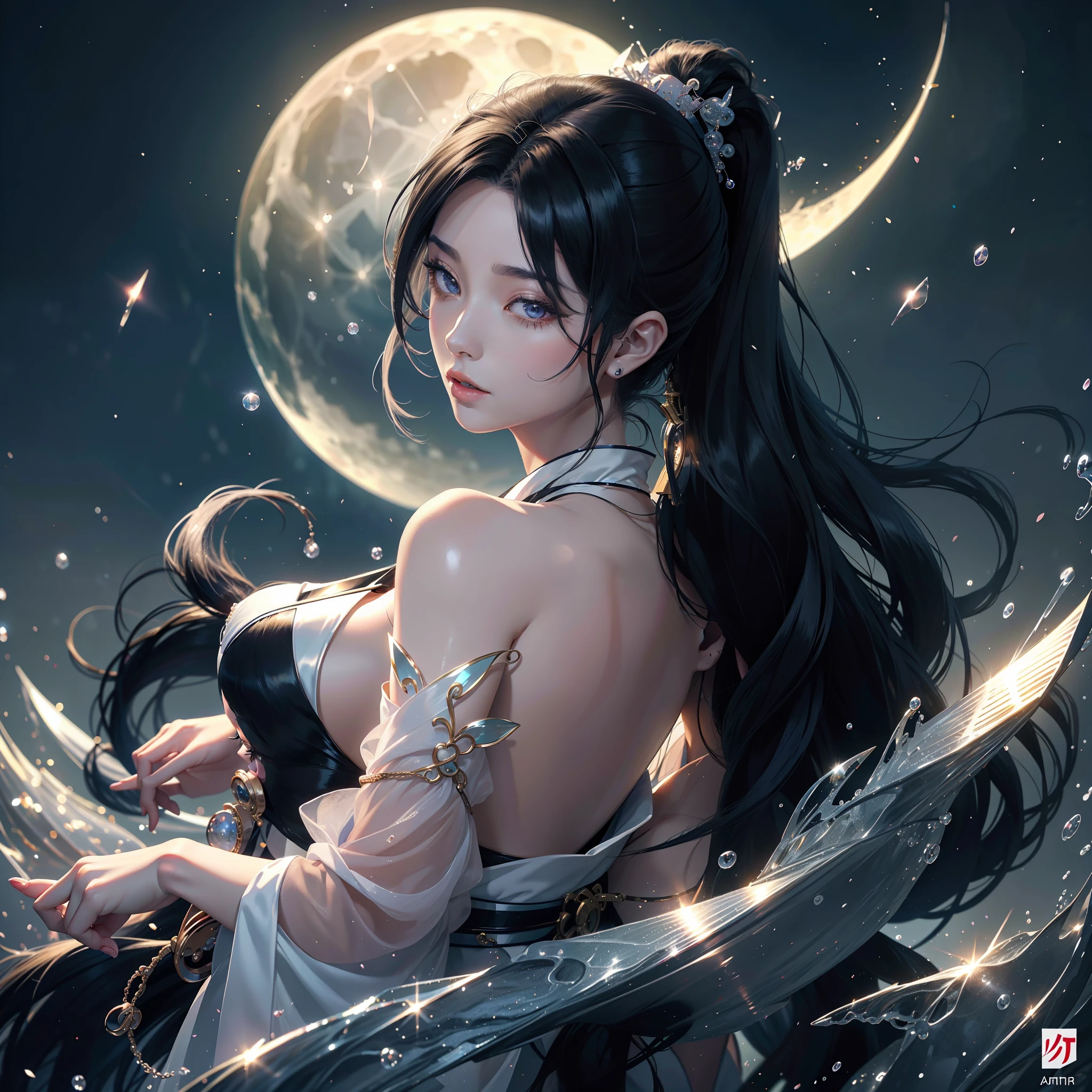 watching at viewers、moon in background、poneyTail、Woman with shiny black hair、Gorgeous kimono、Depict a beautiful and graceful woman of Japan。Heart in the eye。full body Esbian。 Beautiful anime art wallpaper 8k, beautiful fantasy anime, Beautiful anime, Detailed anime artwork.Blur the background with a sickle