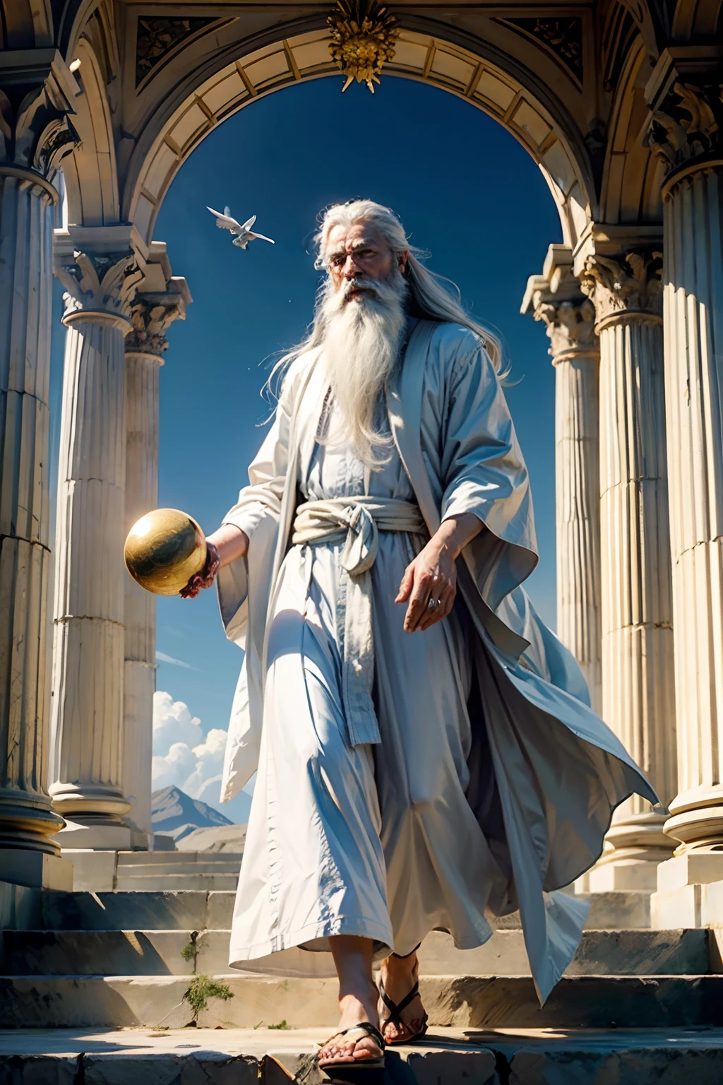 A man who is an old Greek God, wearing flowing robes and white hair and long beard, holding the planet Saturn in his hand, background is a open field with a stairway to heaven, mood is affirmative, consummate, majesty, fullness, daytime light, character design