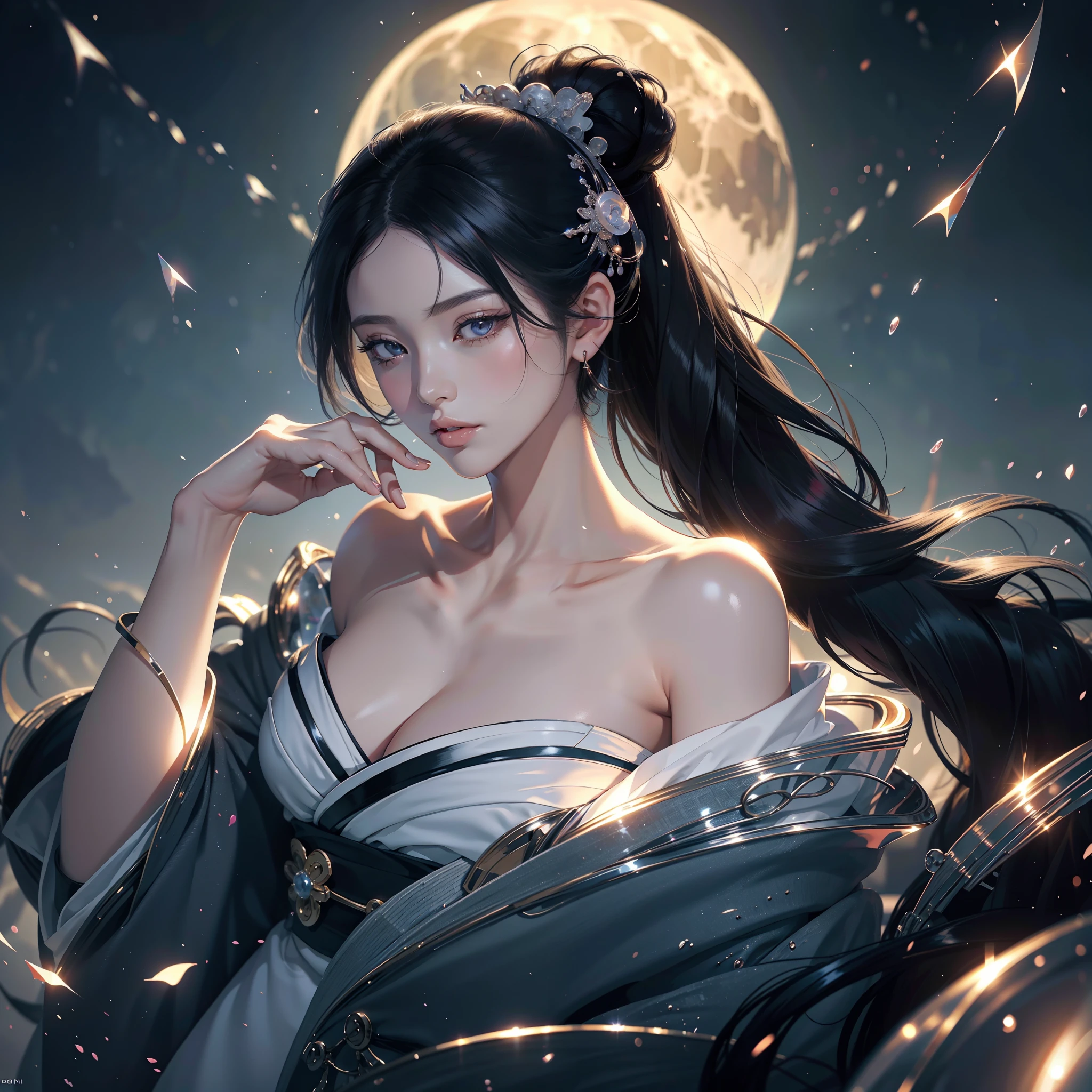 watching at viewers、moon in background、poneyTail、Woman with shiny black hair、Gorgeous kimono、Depict a beautiful and graceful woman of Japan。Heart in the eye。full body Esbian。 Beautiful anime art wallpaper 8k, beautiful fantasy anime, Beautiful anime, Detailed anime artwork.Blur the background with a sickle