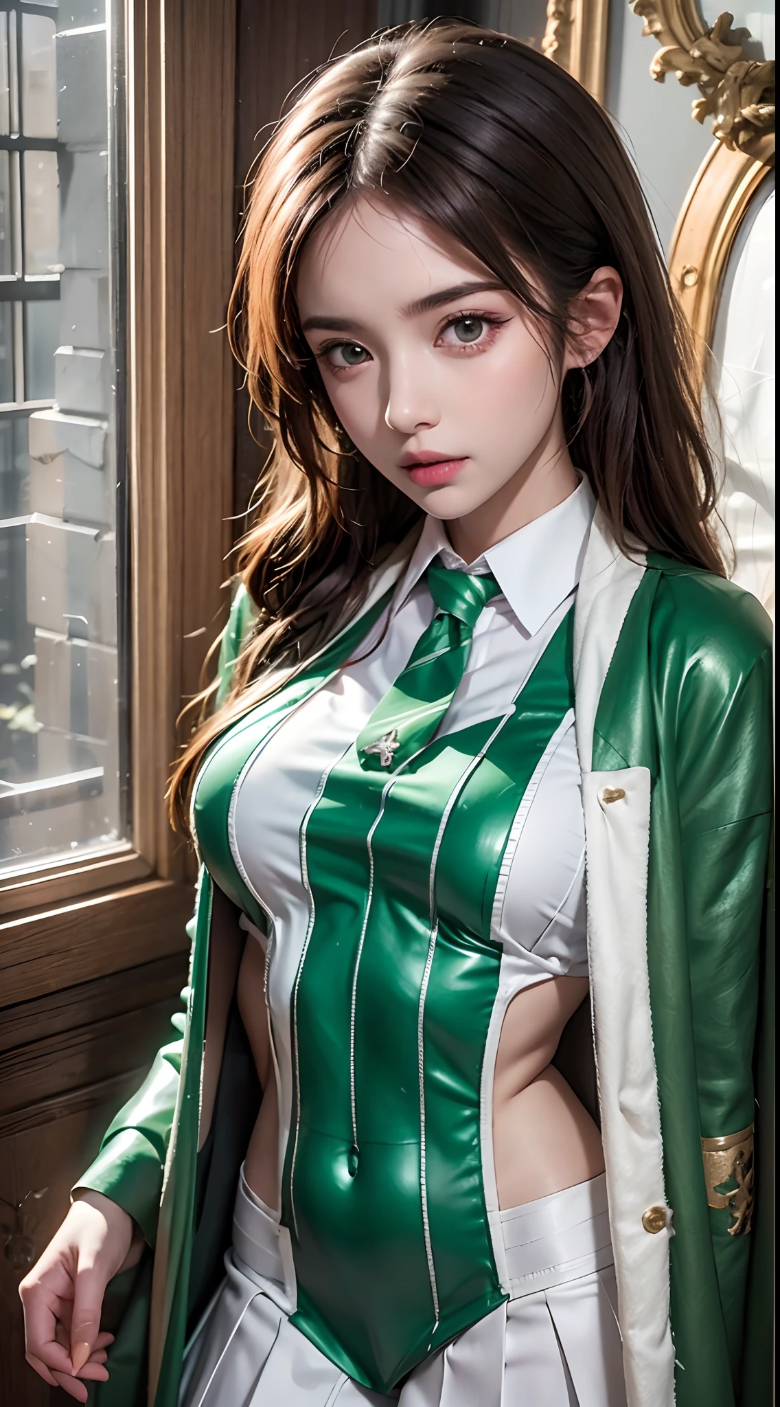 photorealistic, high resolution, 1women, solo, hips up, look at viewer, (detailed face), Hogwarts uniform, hogsks, slytherin