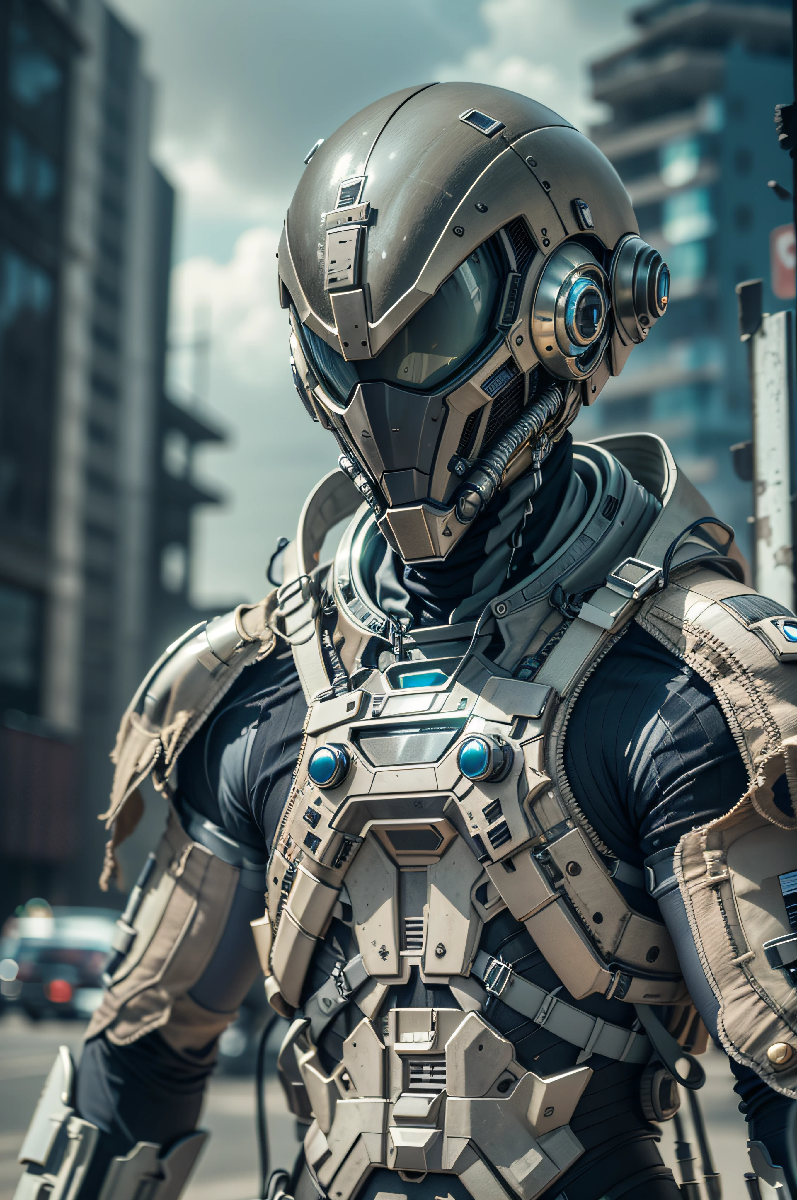 A highly technological and advanced alien soldier in an apocalyptic city, facing the camera, half body shot, wide angle, action pose