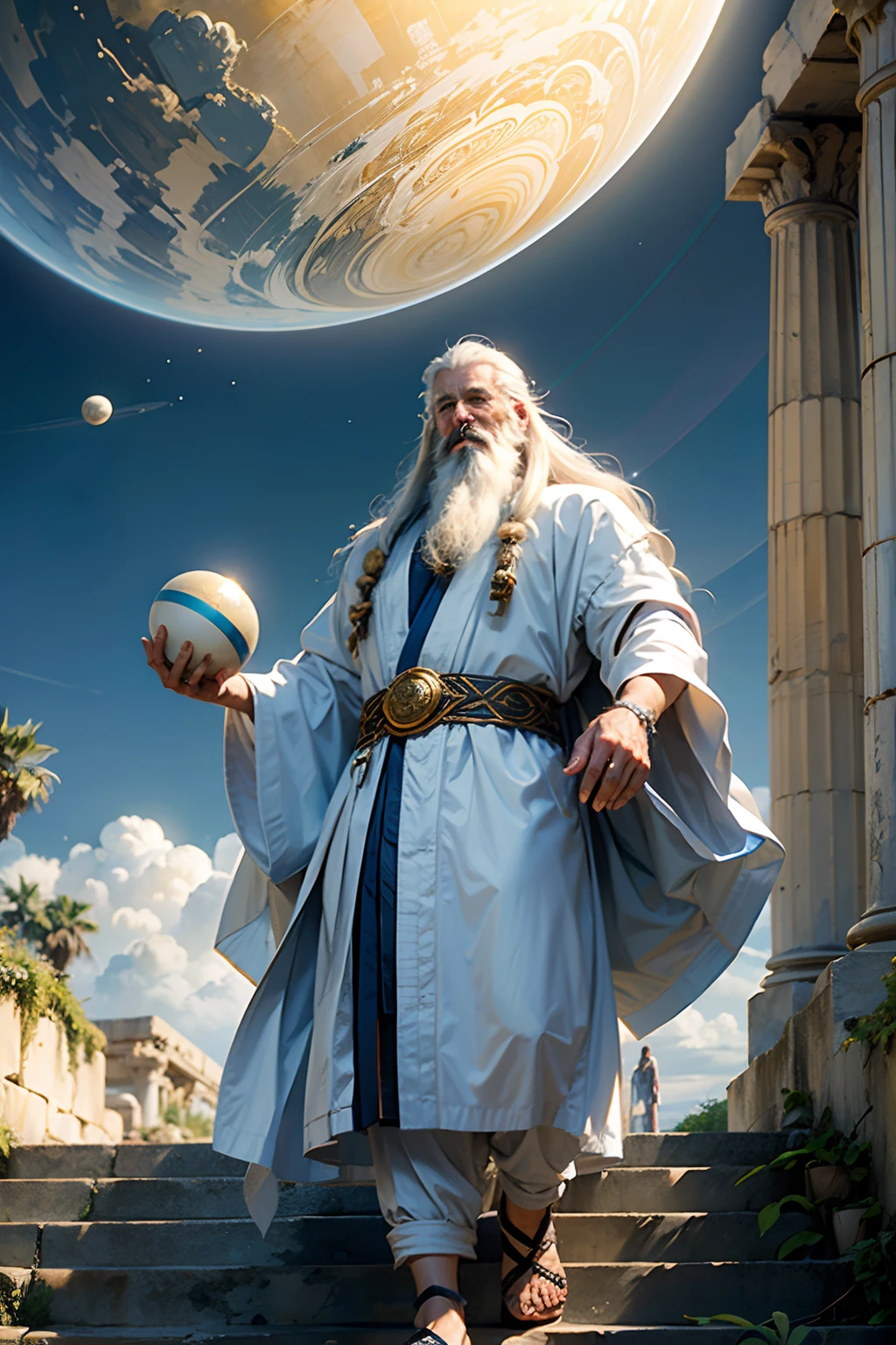 A man who is an old Greek God, wearing flowing robes and white hair and long beard, holding the planet Saturn in his hand, background is a open field with a stairway to heaven, mood is affirmative, consummate, majesty, fullness, daytime light, character design