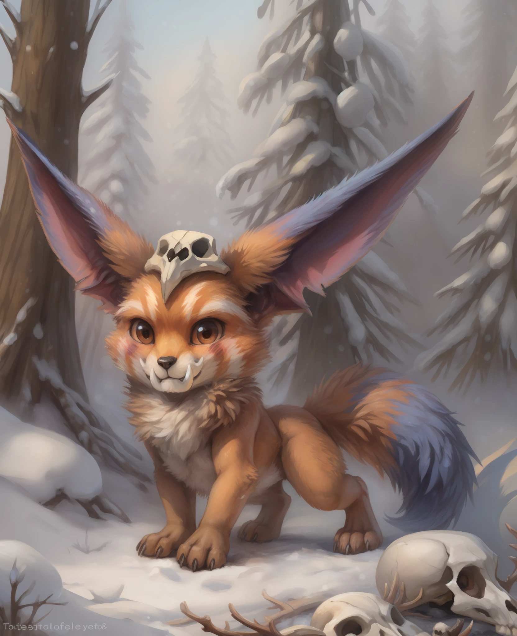 by kenket, by totesfleisch8, (by thebigslick, by silverfox5213:0.8), (by syuro:0.2) BREAK, (male, Nakotak, yordle, head tuft, tusks, brown eyes, neck tuft, Gnar, anthro, detailed eyes, Short, blush, skull:1.9) BREAK (forest, winter:1.5) BREAK (high resolution, masterpiece:1.4) BREAK (Standing, looking at viewer, smile, embarrassed:1.5) BREAK