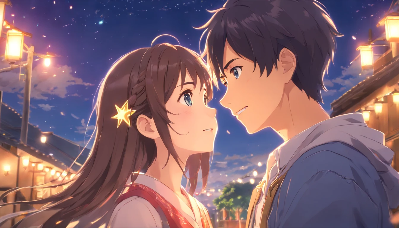 (best quality,masterpiece:1.2),high resolution, cinematic frames,1girl,1boy,bright detailed eyes,warm toned lighting,blushy cheeks,shy smile,looking at each other,star-filled sky,close-up,glowing,joy,happiness,soft warm lighting,(sparkle:0.7)