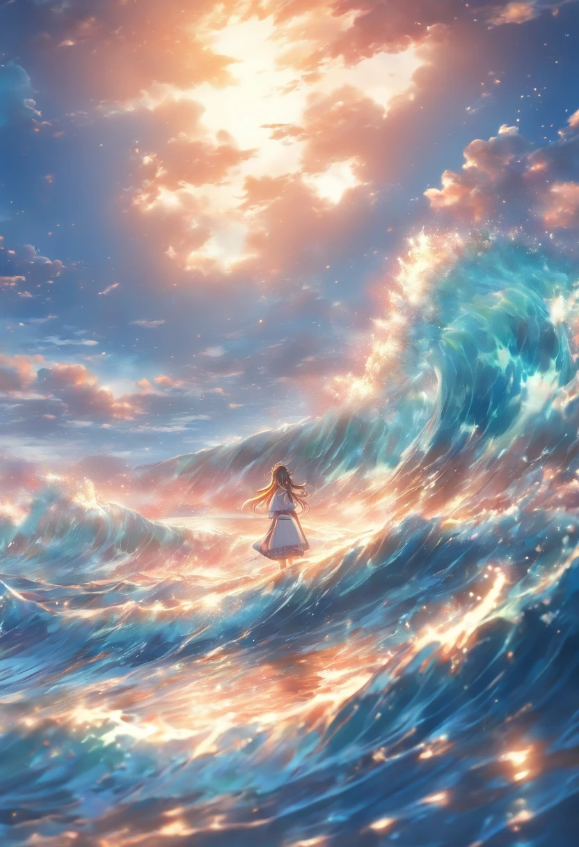 (best quality, ultra-detailed, masterpiece:1.2), vibrant colors, serene atmosphere, calm waves, gentle ripples, sparkling sunlight, tranquil sea surface, deep blue hues, vastness, no boundaries, endless horizon