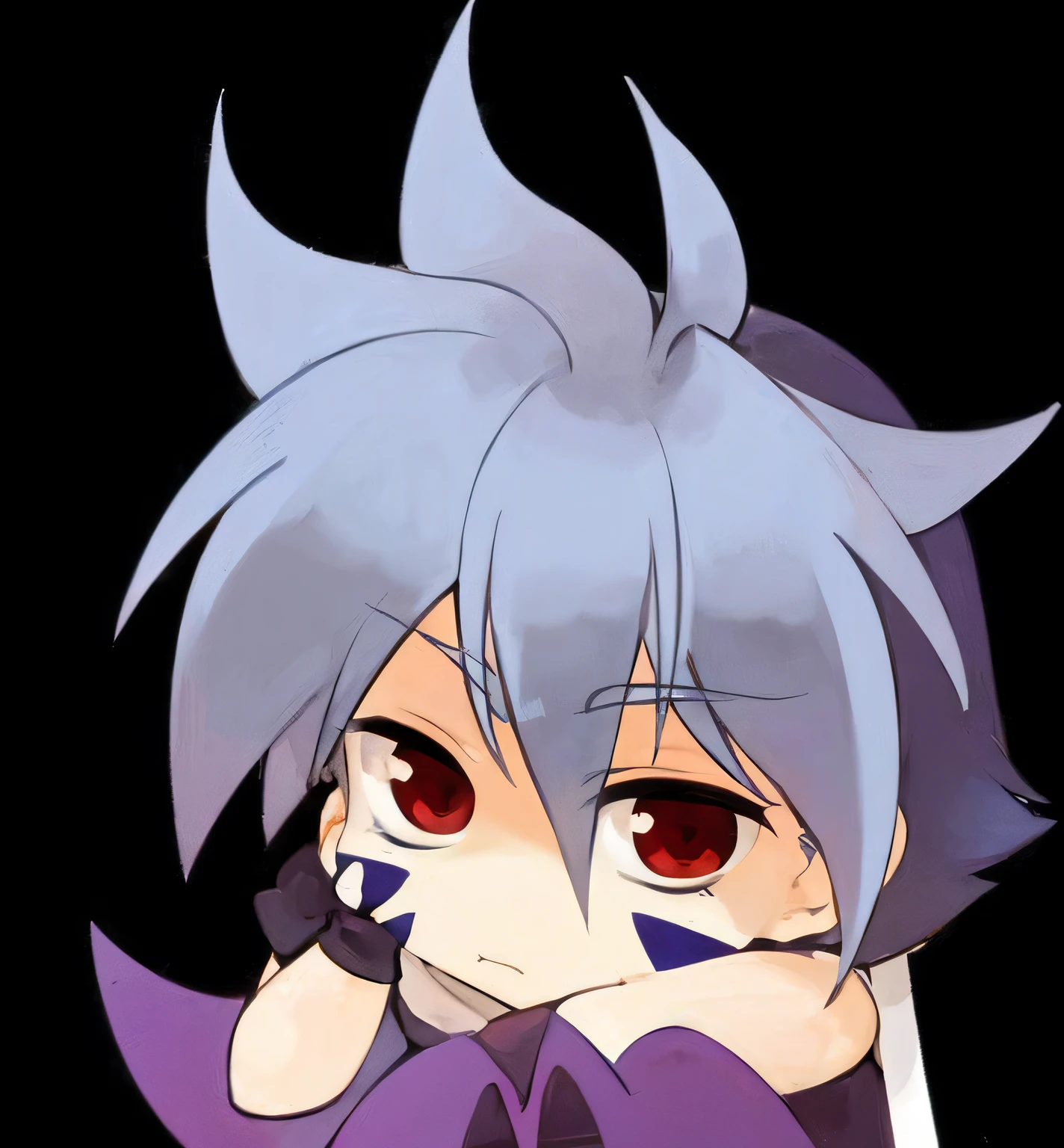 anime girl with blue hair and red eyes holding her hand to her face, he has dark grey hairs, tired haunted expression, tired and haunted expression, hajime yatate, kaworu nagisa, a silver haired mad, neferpitou, with glowing purple eyes, disgaea, killua zoldyck black hair, evil expression
