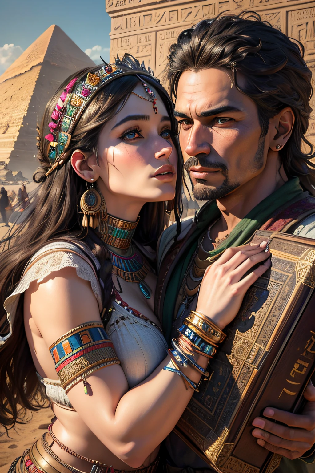 ultra Extremely realistic,a bohemian man and woman kiss each other lovingly and carry a large old book from ancient times. Behind them are visible three Egyptian pyramids with inscriptions and symbols, a symbol of history, a symbol of art, a symbol of culture, a symbol of love and sex, and a symbol of religions, with high details, a very realistic image, report. Human Development, Sharp, Highly detailed real eyes and real lips, Hyper max, Textures, Crazy highly detailed details, Detailed and complex portrait, Tribal detail rendering, 8K, Realistic.High Definition, 4K, HD, Real faces, Cinematography The image must have an aspect ratio of 1:1.6, and measure at least 2,500 pixels on the longest side.