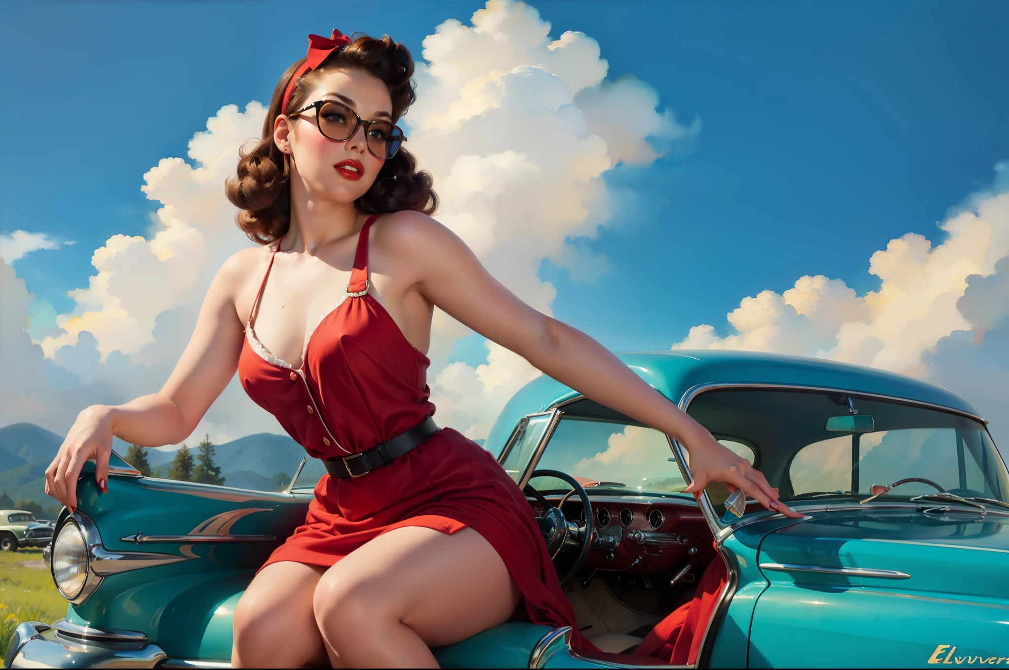 A watercolor pin up painting of a stunning beautiful girl, sitting on the bonnet of a vintage Hudson Hornet car . from the 1950s. ((1 girl , solo)), ((1 people)) long curvy hair and be dressed in a fitted red dress ,with white polka dots on her dress, , sunglass perched on her head. The overall mood of the image should be one of glamour, fun, and adventure. Masterpiece pin up art by Girl Elvgren.