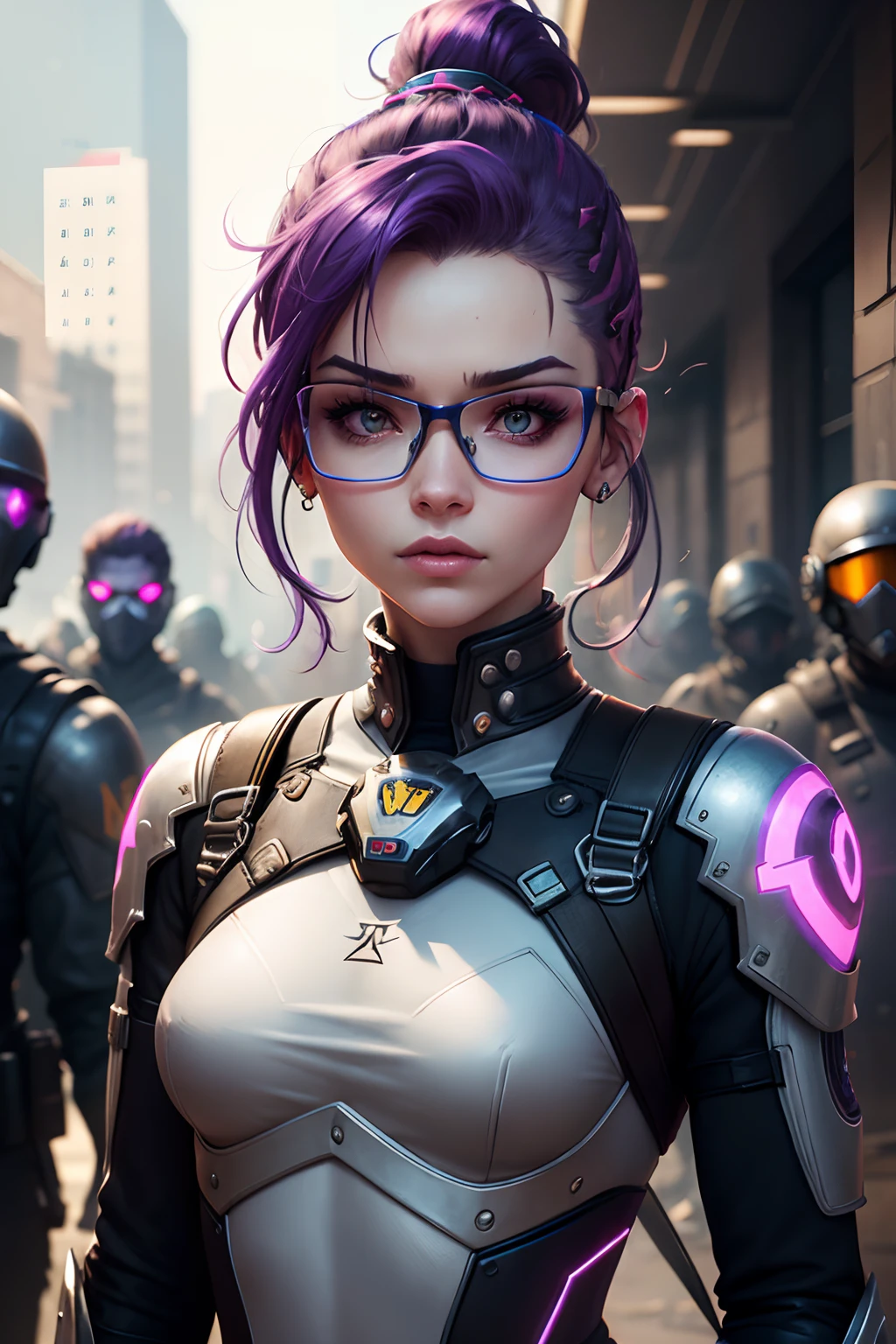 A woman in armor standing in front of a group of soldiers, rosto detalhado, detalhes intrincados, ultra detalhado, brilhante, forte, purple hair with pink mohawk and glasses on a woman, Ela parece uma mistura de Grimes, parece uma mistura de grimes, lembrando-se a uma mistura de grimes, parece uma mistura de grimes de grimes, 18 anos, aspecto bonito, modelo feminino, piercings e um moicano, cabelo roxo curto com undercut, brincos enormes e maquiagem queer, acid pixie, tatuagens no corpo, como personagem de overwatch, Trending in ArtStation 4K, De Overwatch, estilo cyberpunk, Ray Tracing, NVIDIA RTX, Super-Resolution, Unreal 5