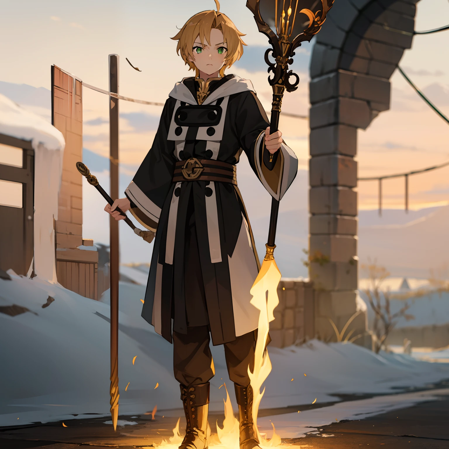 teenager, blond hair, green eyes, fire wizard, high contrast, colorful, front facing, full body, rudeus greyrat, fire ball in hand, eye leve, standing, close-up, solo, staff, 1man