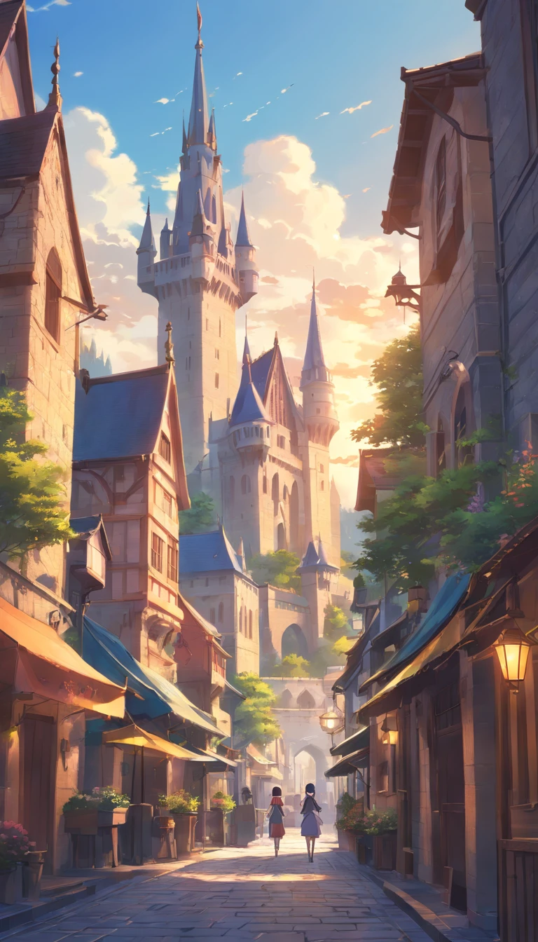 , Cidade Capital da Fantasia, cidade medieval, Flintlock Fantasy Capital Cidade, uma cidade medieval, Cidade da fantasia de Medeival, Fundo medieval da cidade, Paisagem urbana de fantasia, 2. 5 d cgi anime fantasia arte, paisagem medieval da cidade, renaissance port city background, epic castle with tall spires, realistic fantasy illustration DIFFERENT ANGLES CASTLE IN THE BACKGROUND