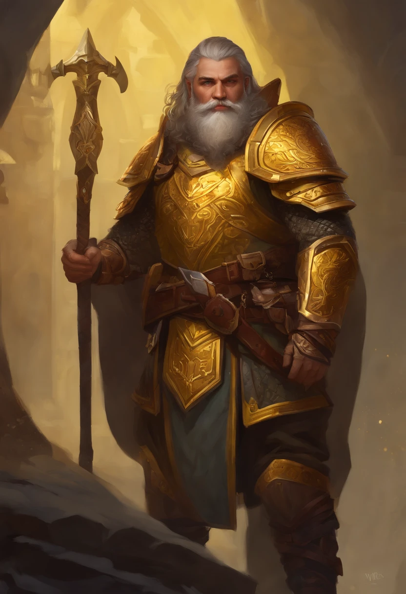 Vox Machina's dwarf pike as protagonist, de armadura dourada, escudo de luz amarela radiante